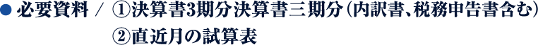 必要資料①決算書3期分決算書三期分（内訳書、税務申告書含む）
②直近月の試算表